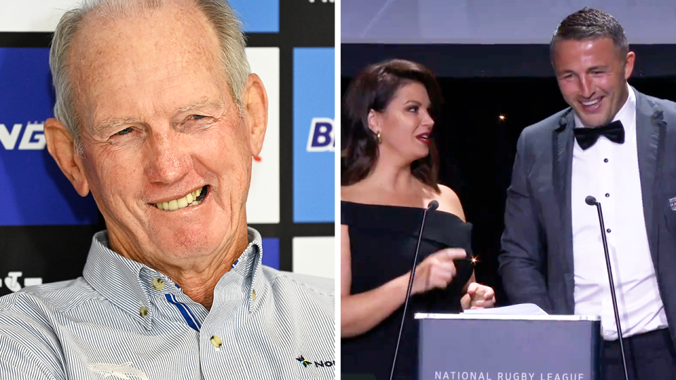 Rabbitohs legend Sam Burgess (pictured right) has taken a cheeky dig at his former coach Wayne Bennett (pictured left) after both were inducted into the NRL Hall of Fame. (Images: Getty Images/Fox Sports)