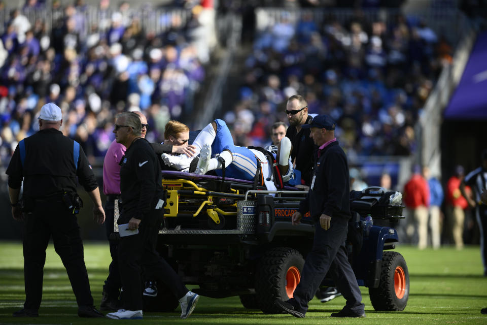 Detroit Lions running back Mohamed Ibrahim is carted off the field during the second half of an NFL football game against the Baltimore Ravens, Sunday, Oct. 22, 2023, in Baltimore. (AP Photo/Nick Wass)