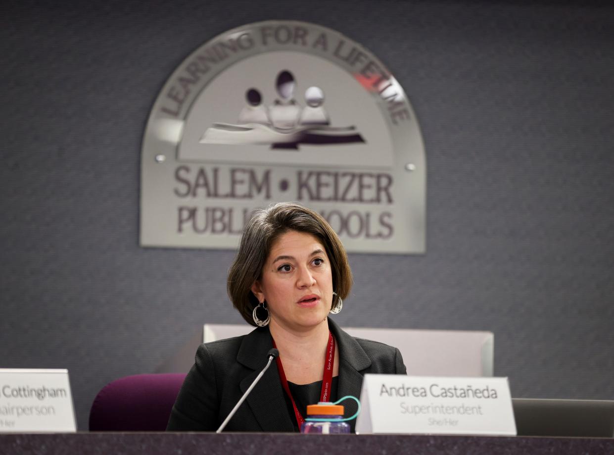 Salem-Keizer Public Schools Superintendent Andrea Castañeda gives details Tuesday on budget cuts she previously announced over the last two weeks