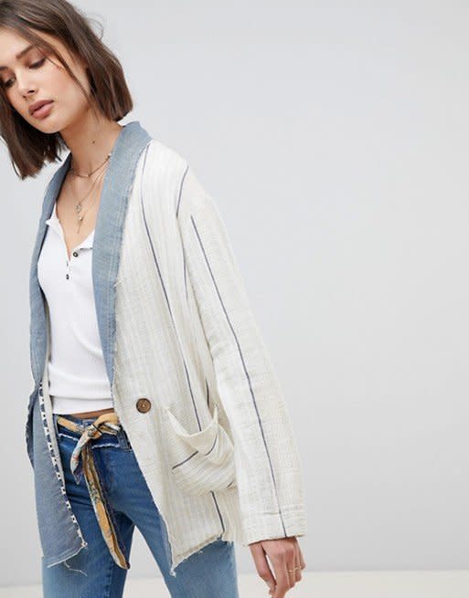 Get it <a href="http://us.asos.com/free-people/free-people-aria-linen-blazer-in-stripe/prd/9793122?clr=ivory&amp;SearchQuery=linen%20blazers&amp;gridcolumn=2&amp;gridrow=2&amp;gridsize=4&amp;pge=1&amp;pgesize=72&amp;totalstyles=8" target="_blank">here</a>, $145.