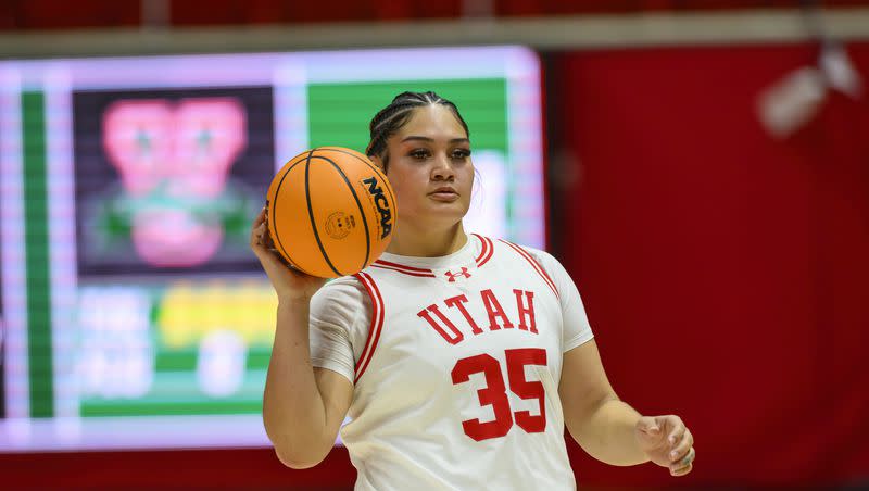 Utah forward Alissa Pili (35) looks to pass the basketball during an NCAA basketball game on Monday, Nov. 6, 2023 in Salt Lake City, Utah. Pili left the Utes’ game at Arizona State late in the first half with an injury and did not return.