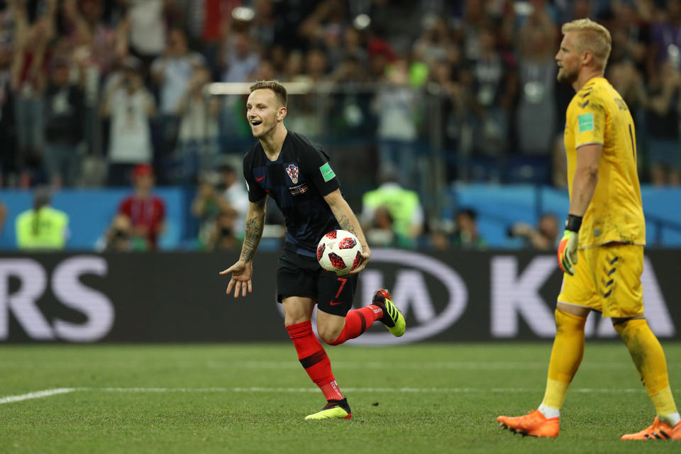 Ivan Rakitic of Croatia celebrates scoring his team’s fifth penalty in the penalty shoot out during the 2018 FIFA World Cup Russia Round of 16 match between Croatia and Denmark at Nizhny Novgorod Stadium on July 1, 2018 in Nizhny Novgorod, Russia. (Getty Images)