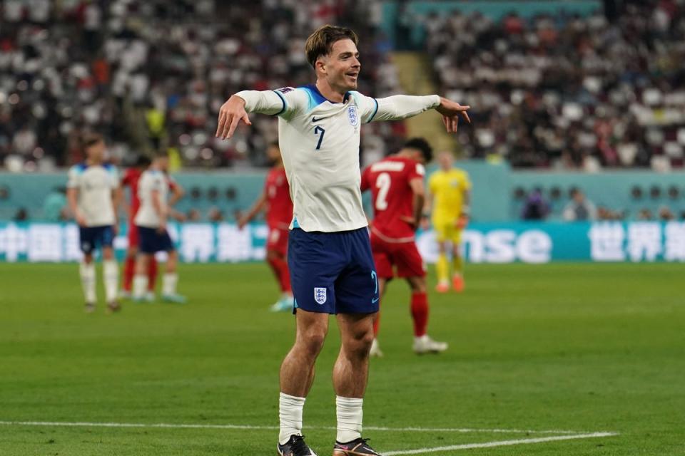 England’s Jack Grealish celebrates scoring the side’s sixth goal against Iran in the World Cup group game (PA Wire)