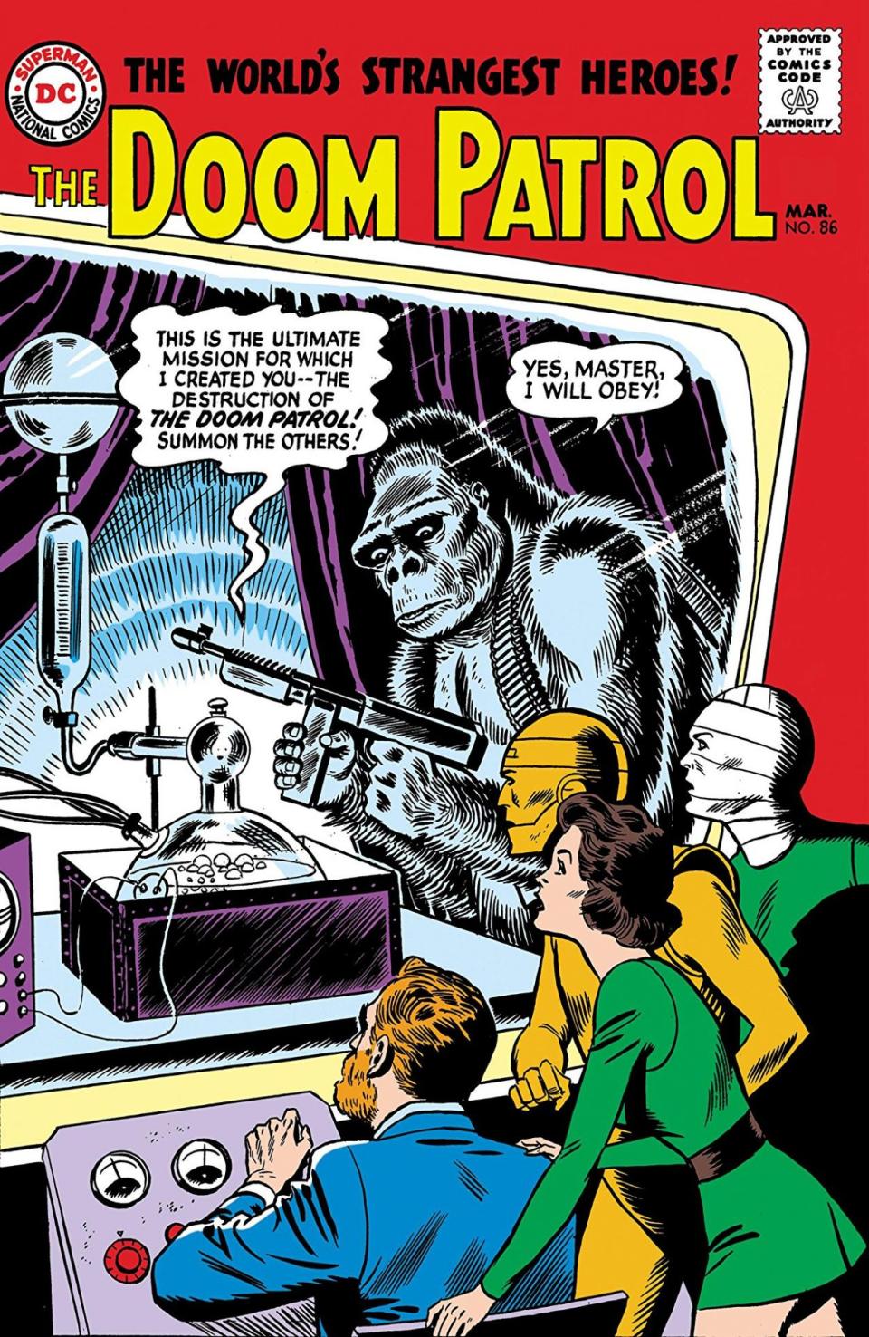 The cover for Doom Patrol #86 shows the Doom Patrol looking at the Brotherhood of Evil which is made up of a gorilla holding a gun and a brain in a jar