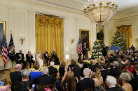 President Joe Biden speaks as he and first lady Jill Biden host the Kennedy Center Honorees Reception at the White House in Washington, Sunday, Dec. 5, 2021. (AP Photo/Carolyn Kaster)