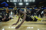 Oregon forward Mahamadou Diawara (24) celebrates after Oregon defeated Colorado in an NCAA college basketball game in the championship of the Pac-12 tournament Saturday, March 16, 2024, in Las Vegas. (AP Photo/John Locher)