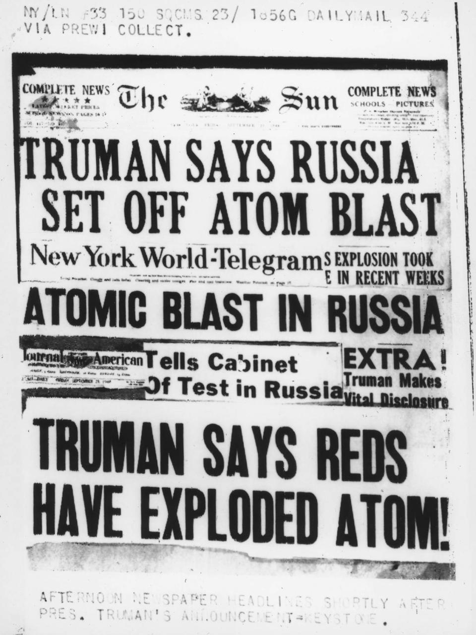 A selection of US newspaper headlines on President Truman’s announcement that Soviet Union had conducted its first nuclear weapon test in 1949 (Getty)