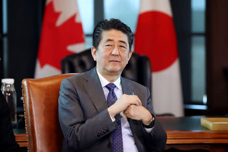 Japan's Prime Minister Shinzo Abe takes part in a meeting with Canada's Prime Minister Justin Trudeau (not pictured) on Parliament Hill in Ottawa, Ontario, Canada, April 28, 2019. REUTERS/Chris Wattie