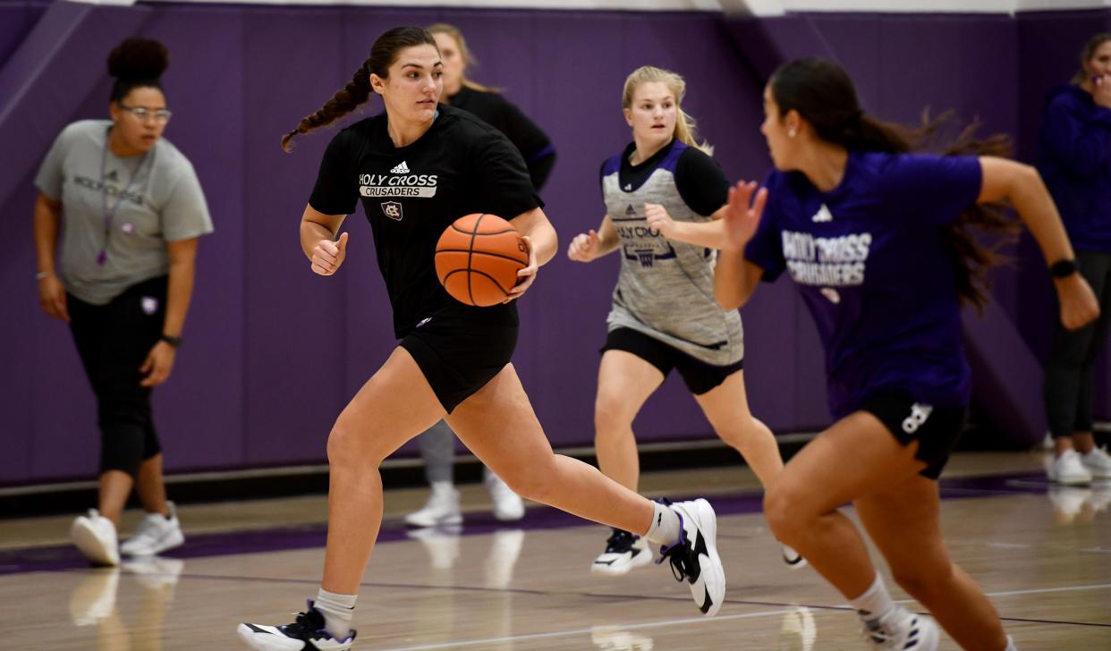 Sophomore guard Mary-Elizabeth Donnelly moves down court during a recent Holy Cross women's basketball practice.