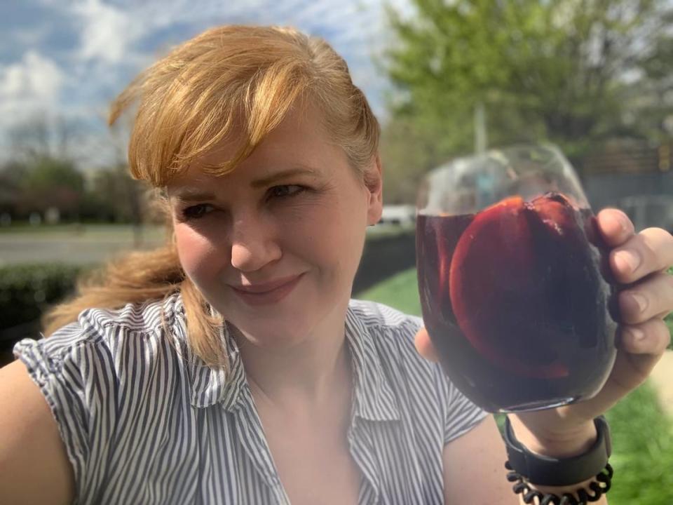 Colleen Hughes, Haberdish’s head mixologist, is going to start sealing up drinks and mixers for a take-out menu amid the coronavirus pandemic. This is her “social distancing sangria selfie.” The sangria will be ready on Friday, March 20, 2020.