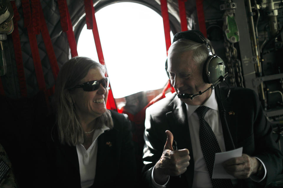 KABUL, AFGHANISTAN - APRIL 24: U.S. Defense Secretary James Mattis (R) gives senior advisor Sally Donnelly (L) a thumbs-up as they discuss their schedule upon arriving via helicopter at Resolute Support headquarters on April 24, 2017 in in Kabul, Afghanistan. Mattis is on a regional tour of the Middle East.  (Photo by Jonathan Ernst - Pool/Getty Images)