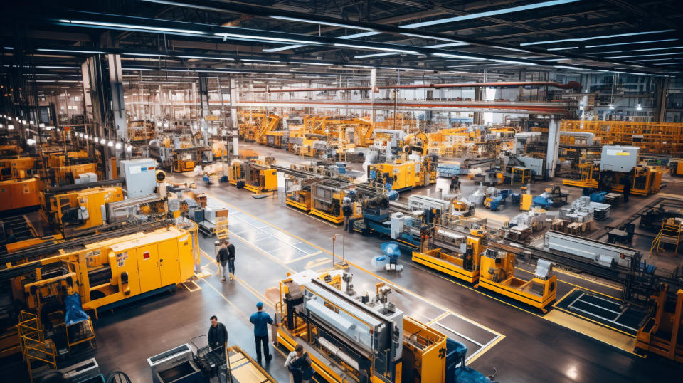 An aerial view of a busy industrial manufacturing facility.