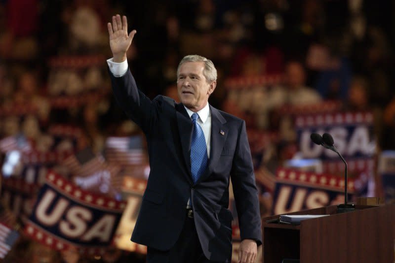 President George W. Bush waves to the crowd prior to giving his acceptance speech to delegates for his party's presidential nomination at the 2004 Republican National Convention on September 2, 2004, at Madison Square Garden in New York City. File Photo by Jim Ryman/UPI