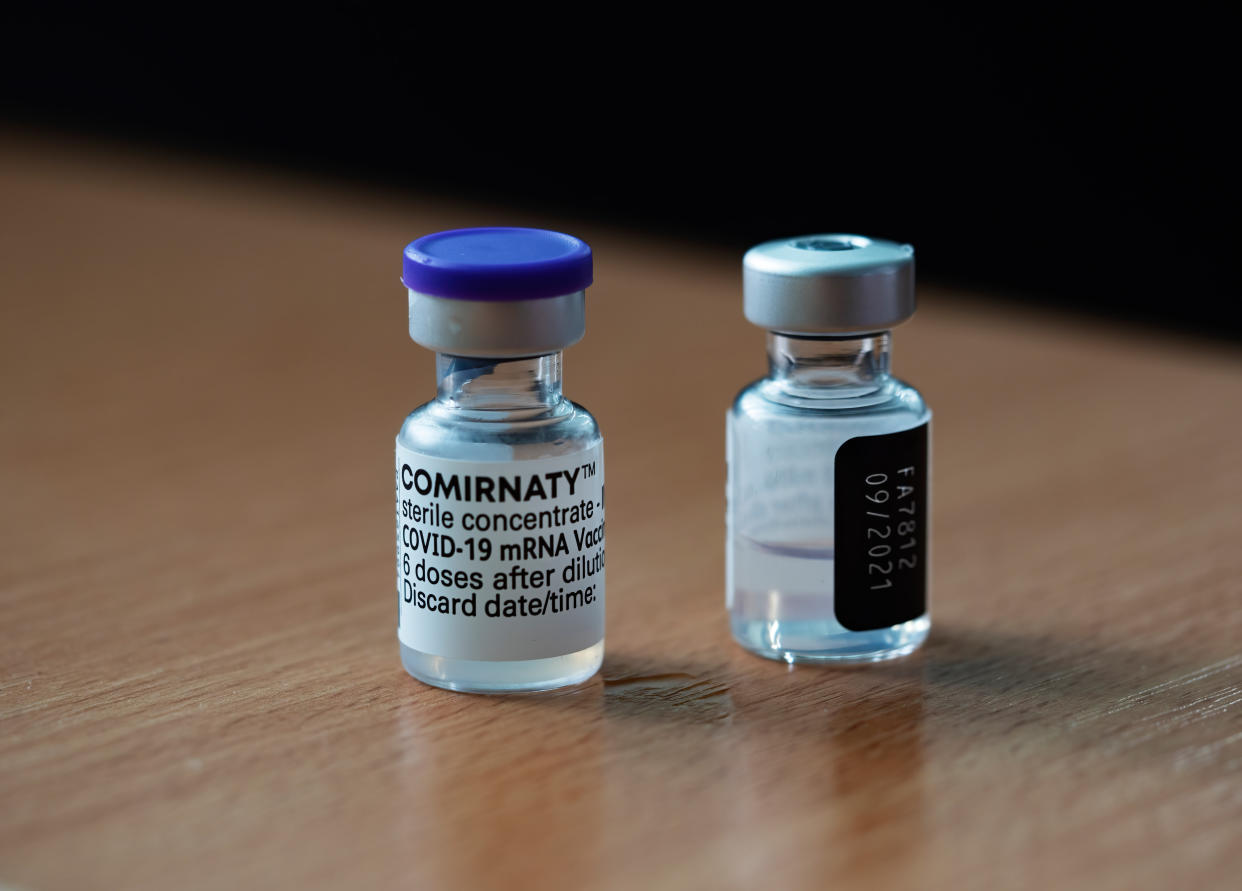 Comirnaty COVID-19 vaccine vials. 