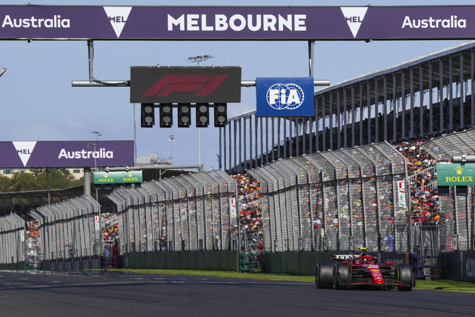 Ferrari driver Carlos Sainz of Spain steers his car during the Australian Formula One Grand Prix at Albert Park, in Melbourne, Australia, Sunday, March 24, 2024. (AP Photo/Asanka Brendon Ratnayake)