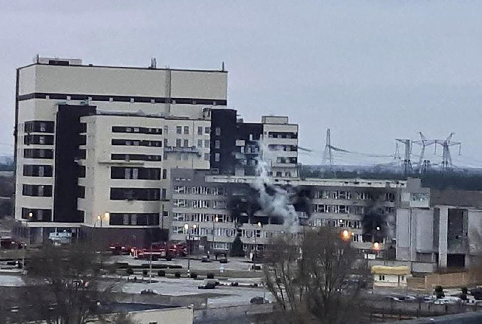 A fire is seen at the Zaporizhzhia nuclear plant - the largest in Europe - after it was attracted by Russian forces early on Friday morning Energodar, Ukraine. Source: AP