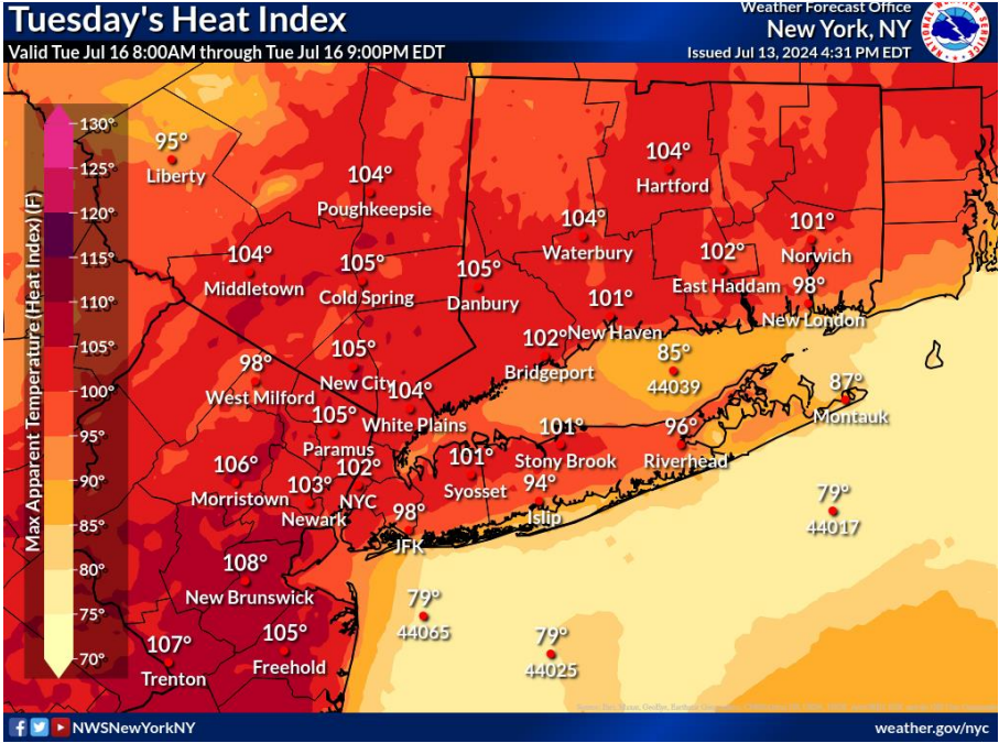 The National Weather Service is predicting a heat index in CT in excess of 100 degrees through Wednesday