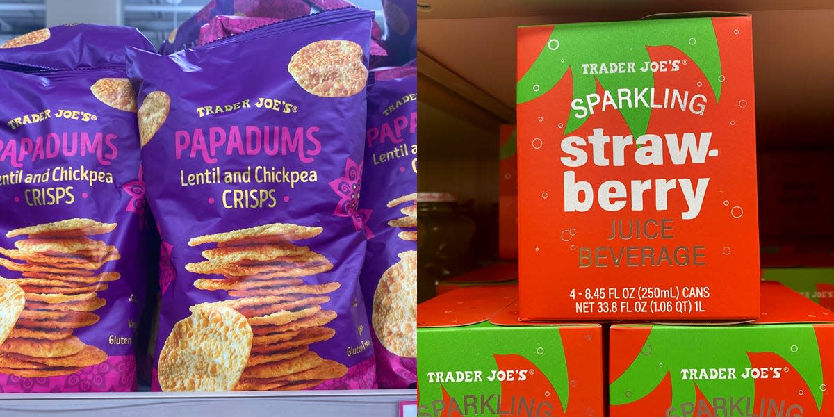 Trader Joes papadums next to image of Trader Joe's strawberry juice