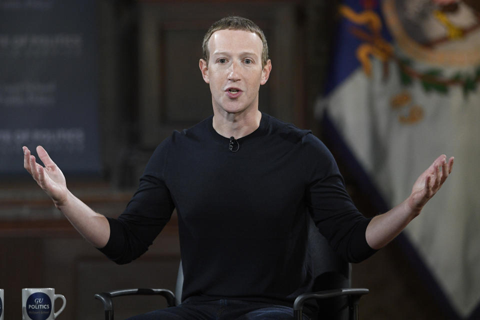 Facebook CEO Mark Zuckerberg speaks at Georgetown University, Thursday, Oct. 17, 2019, in Washington. (AP Photo/Nick Wass)