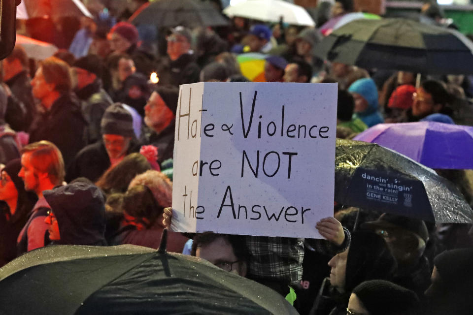 Thousands of people gathered in Squirrel Hill to pay tribute to the 11 people killed in Saturday's mass shooting. (Photo: ASSOCIATED PRESS)