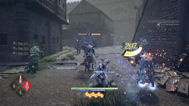 A scene of battle shows a few figures on a lane in a village, with health bars, targeting reticles, and other HUD elements.