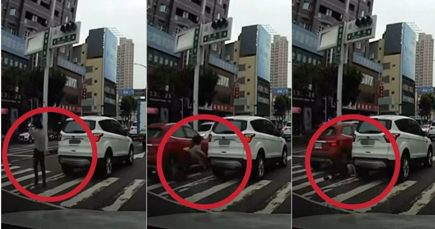 高雄市一名婦人紅燈穿越馬路，遭到一輛直行轎車撞上。（圖／翻攝自記者爆料網）