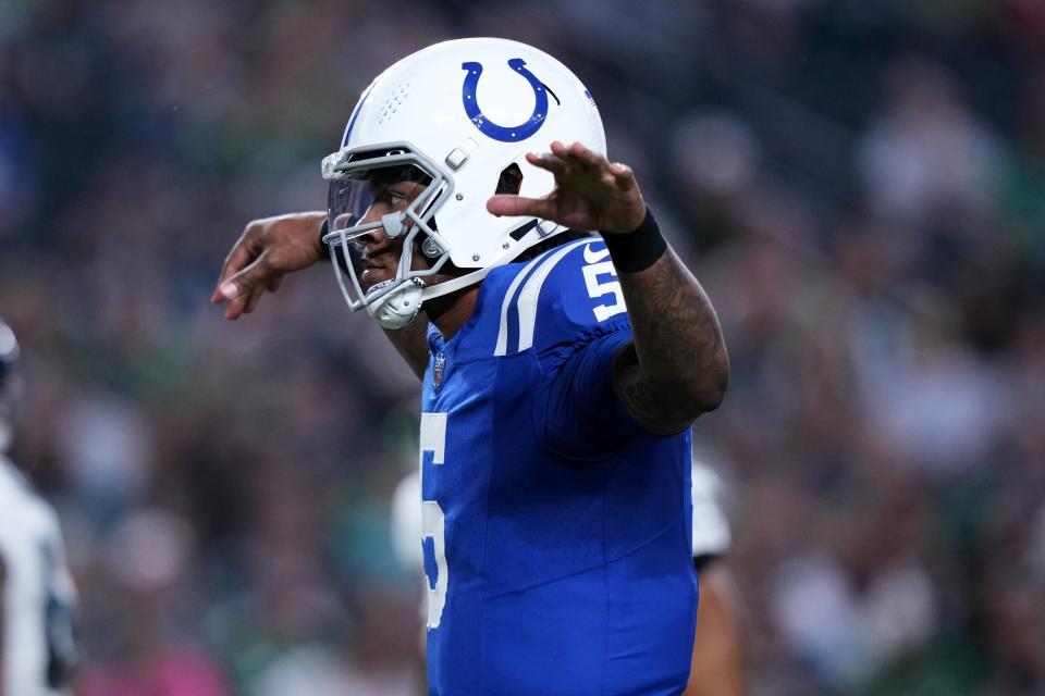 Indianapolis Colts quarterback Anthony Richardson (5) gestures as he celebrates a touchdown by teammate Deon Jackson during the first half of an NFL preseason football game against the Philadelphia Eagles on Thursday, Aug. 24, 2023, in Philadelphia. (AP Photo/Matt Slocum)