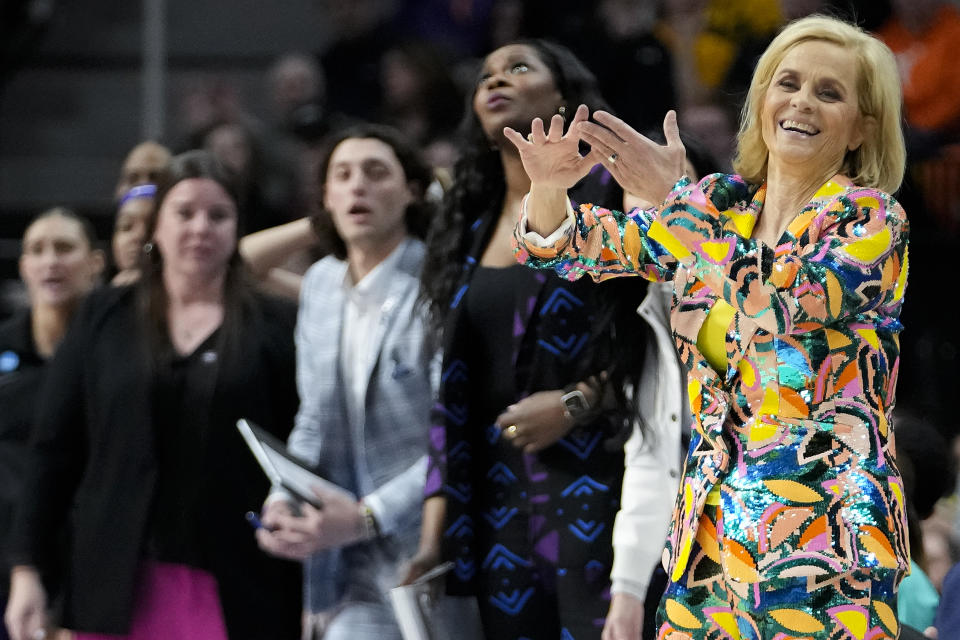 LSU head coach Kim Mulkey reacts during the fourth quarter of a Sweet Sixteen round college basketball game against UCLA during the NCAA Tournament, Saturday, March 30, 2024, in Albany, N.Y. (AP Photo/Mary Altaffer)