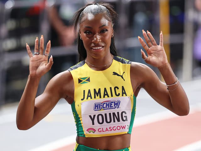 <p>Pat Isaacs/MI News/NurPhoto/Getty </p> Charokee Young competing at the 2024 World Athletics Championships at the Emirates Arena in Glasgow.