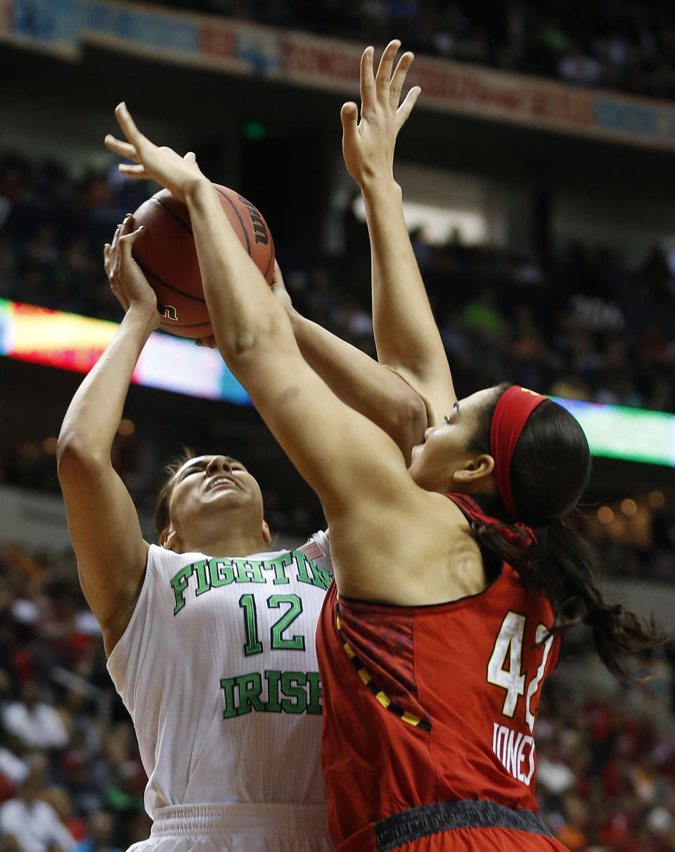 Notre Dame forward Taya Reimer (12) shoots against Maryland center Brionna Jones (42) during the second half of the championship game in the Final Four of the NCAA women's college basketball tournament, Sunday, April 6, 2014, in Nashville, Tenn. (AP Photo/John Bazemore)