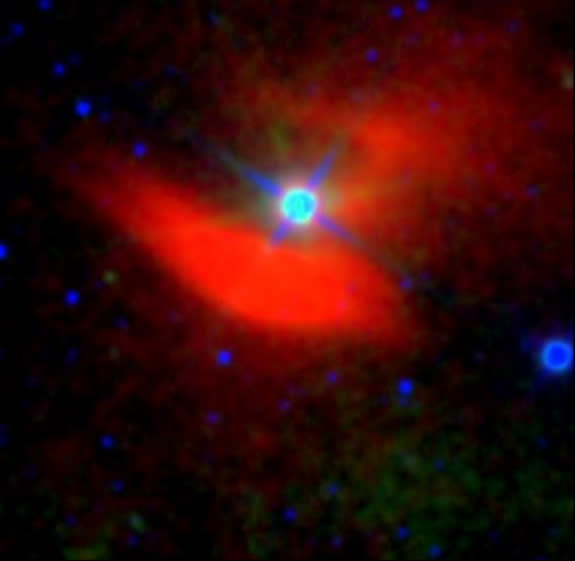 A false-color image of the mid-infrared nebula surrounding the nearby star 48 Librae.