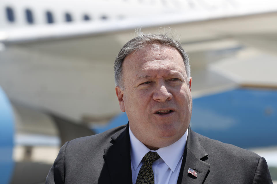 Secretary of State Mike Pompeo speaks to the media at Andrews Air Force Base, Md., Sunday, June 23, 2019, before boarding a plane headed to Jeddah, Saudi Arabia. (AP Photo/Jacquelyn Martin, Pool)