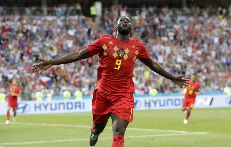 <p>Belgium’s Romelu Lukaku celebrates after he scored his side’s third goal in the Group G clash. (AP Photo/Matthias Schrader) </p>