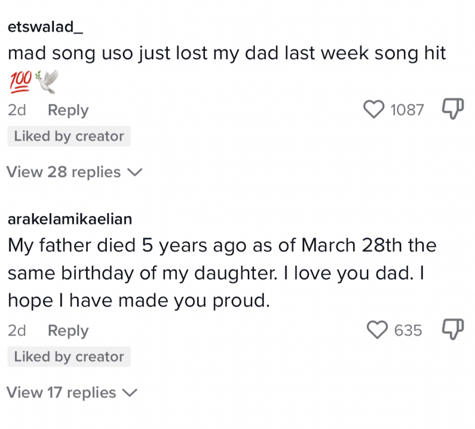 User arakelamikaelian said "My dad died 5 years ago as of March 28th the same birthday of my daughter. I love you dad. I hope I have made you proud"