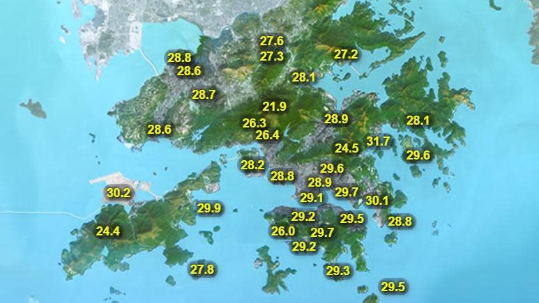 本港地區今日天氣預測部分時間有陽光，有一兩陣驟雨，天氣炎熱，市區最高氣溫約32度，新界再高一兩度。(香港天文台)