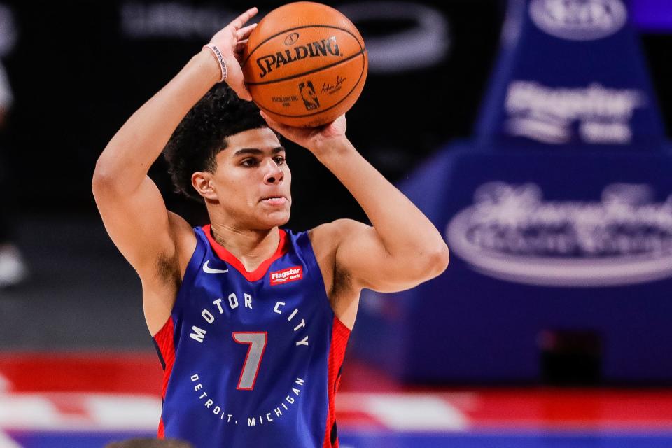 Pistons guard Killian Hayes attempts for a 3-point basket against the Heat during the second half at Little Caesars Arena on Sunday, May 16, 2021.