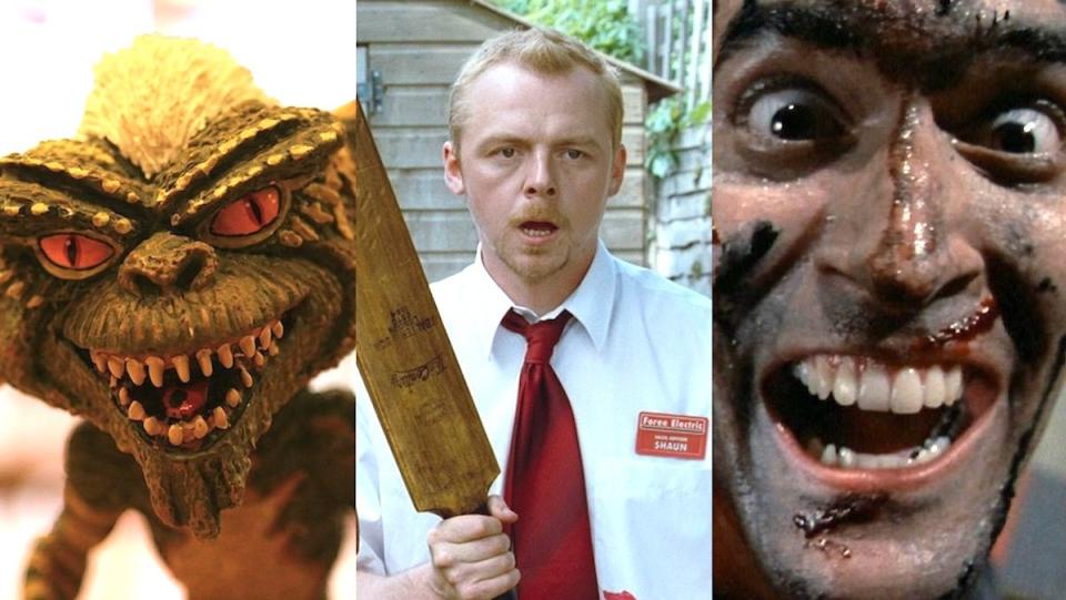 A gremlin, Shaun from Shaun of the Dead holding a cricket bat, and Ash screaming in Evil Dead