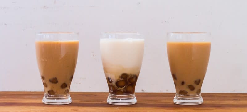 A trio of homemade bubble tea with tapioca pearls