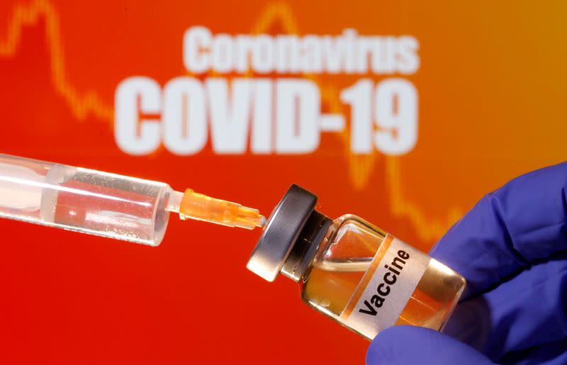 FILE PHOTO: A small bottle labeled with a "Vaccine" sticker is held near a medical syringe in front of displayed "Coronavirus COVID-19" words in this illustration