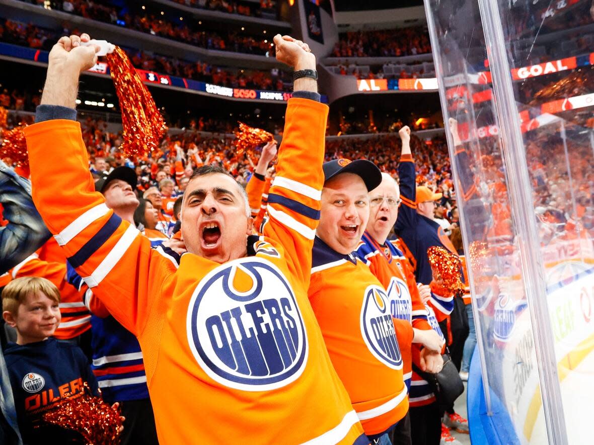 Edmonton Oilers fans went nuts after the series-clinching win Saturday night against the Los Angeles Kings. (Jeff McIntosh/The Canadian Press - image credit)