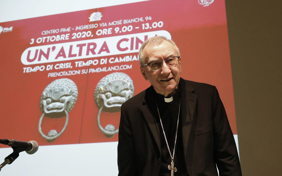 The Vatican secretary of state Cardinal Pietro Parolin attends at the 150th anniversary of the arrival of Catholic missionaries in China from an Italian religious order meeting, in Milan, Italy, Saturday, Oct. 3, 2020. The Vatican doubled down Saturday on its intent to pursue continued dialogue with China over bishop nominations, defending the deal as necessary to the life of the Catholic Church there over strong U.S. objections. (AP Photo/Antonio Calanni)