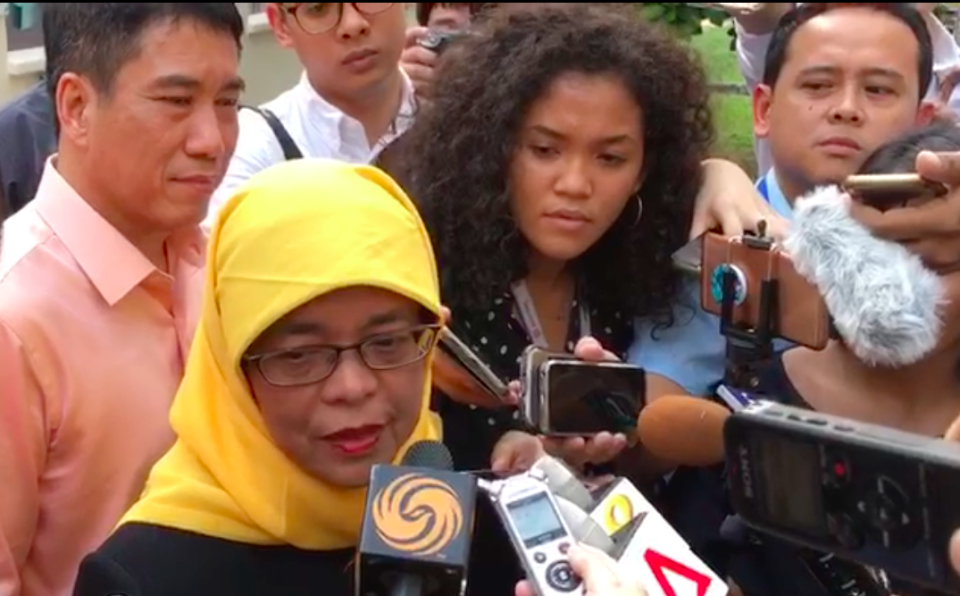 Halimah Yacob addresses reporters outside the Elections Department on Monday (11 September). PHOTO: Nicholas Yong