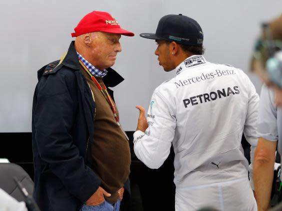 Lewis Hamilton and Niki Lauda chat at the Sakhir circuit near Manama, Bahrain (EPA)