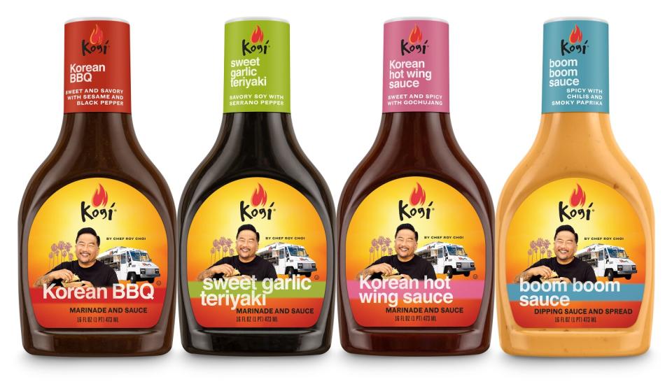 From left, Kogi Korean BBQ, sweet garlic teriyaki, Korean hot wing sauce and Boom Boom sauce from Roy Choi.