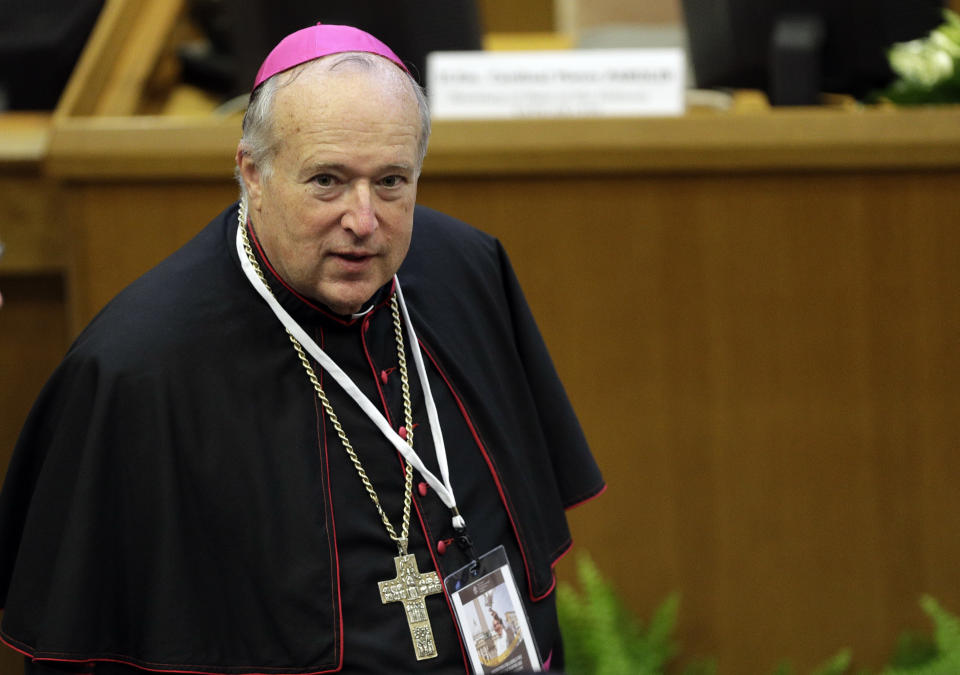 FILE - Robert W. McElroy, bishop of the diocese of San Diego, arrives to attend a conference on nuclear disarmament, at the Vatican, Friday, Nov. 10, 2017. When San Diego Bishop McElroy receives his prestigious red hat at the Vatican on Saturday, he will bring to the College of Cardinals a fervent loyalty to Pope Francis that has often put him at odds with the conservative majority in the U.S. Conference of Catholic Bishops. (AP Photo/Andrew Medichini, File)