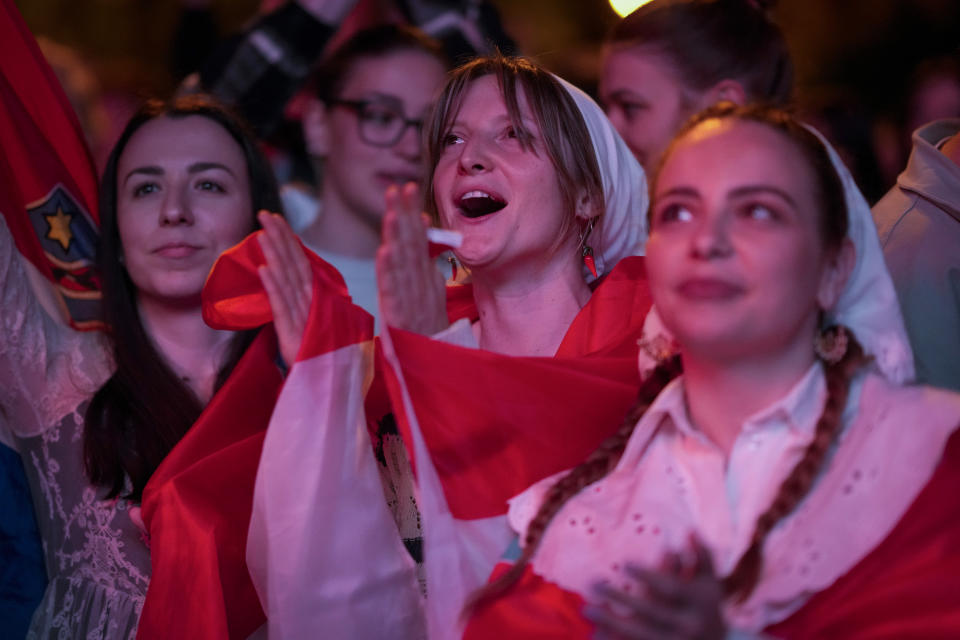 Supporters cheer during a live broadcast of a performance by Croatia's Baby Lasagna at the Eurovision Song Contest in Malmo, Sweden, in Zagreb, Croatia, Saturday, May 11, 2024. (AP Photo/Darko Bandic)