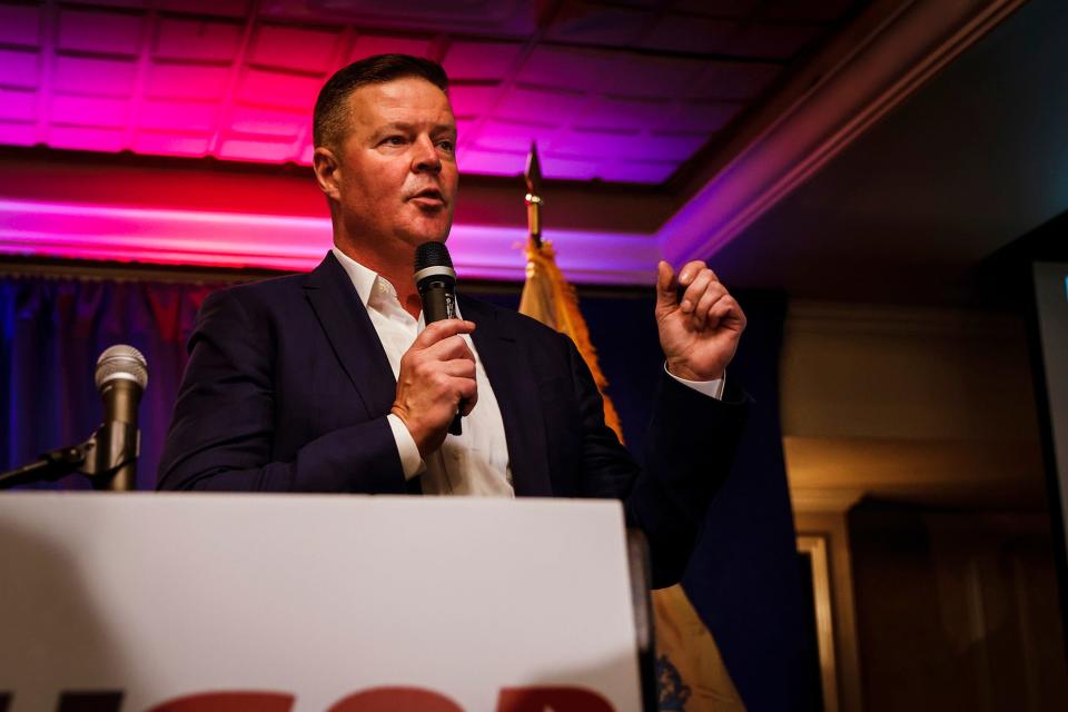 Paul DeGroot, Republican candidate for New Jersey's 11th Congressional District, speaks at the election night party for senate candidate Thomas Kean Jr. Tuesday, Nov. 8, 2022, in Basking Ridge N.J.