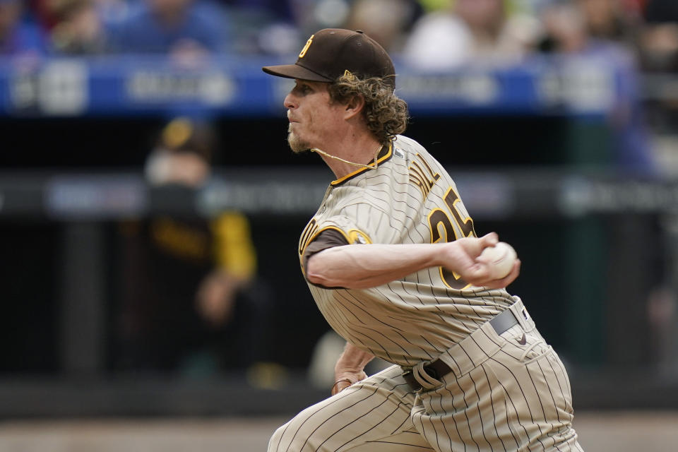 San Diego Padres' Tim Hill delivers a pitch during the seventh inning of a baseball game against the New York Mets, Saturday, June 12, 2021, in New York. (AP Photo/Frank Franklin II)