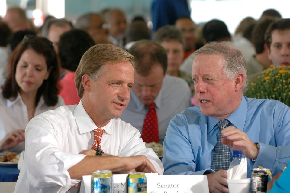 Then Knoxville Mayor Bill Haslam, left, and Gov. Phil Bredesen addressed an audience of community and business leaders in September 2005. The two have recently collaborated on a podcast named, "You Might Be Right" which promotes civility in today's political fights.