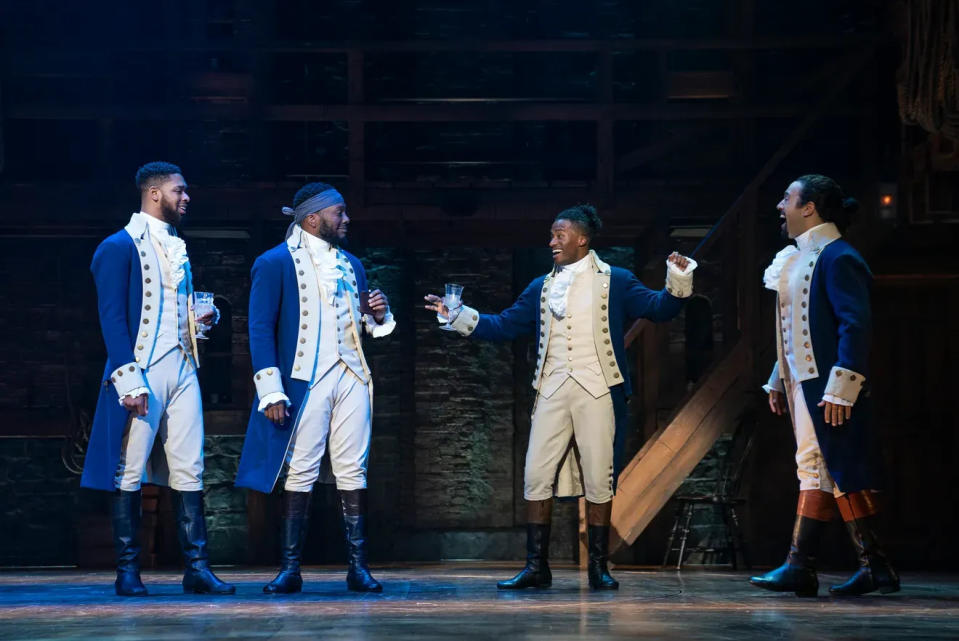 The cast performs a scene in "Hamilton" at the Van Wezel Performing Arts Hall.